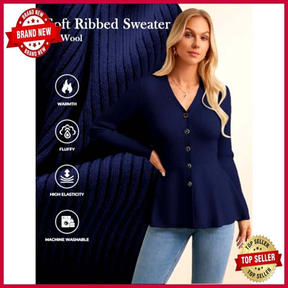 Long Sleeve Peplum Cardigan Knit Blazer Lightweight Business Casual Elegant - Picture 3 of 7